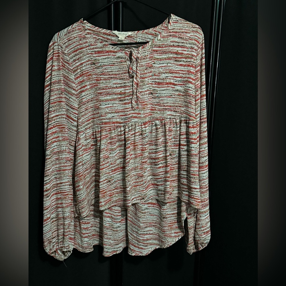 Red blue tan & white boho high low blouse. Long sleeve. Medium